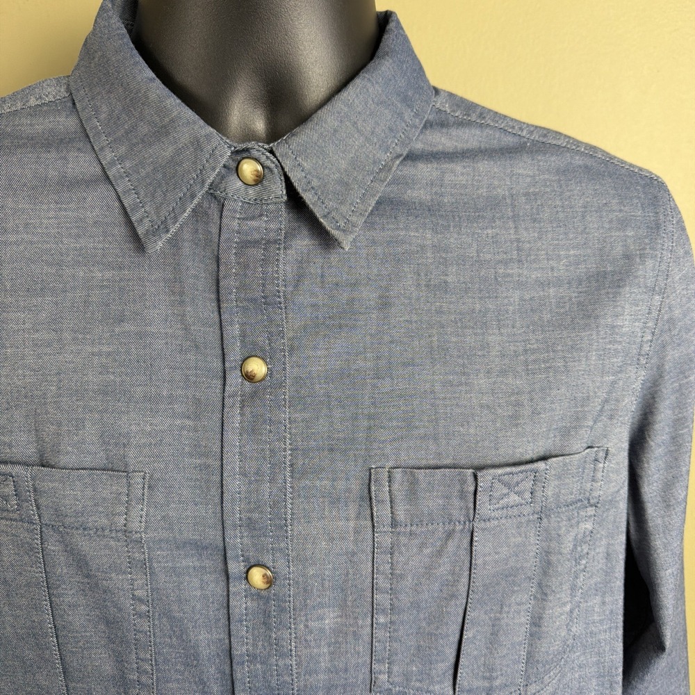 Gramicci Long Sleeve Shirt Mens Medium Blue Snap Button Freedom Chambray Stretch